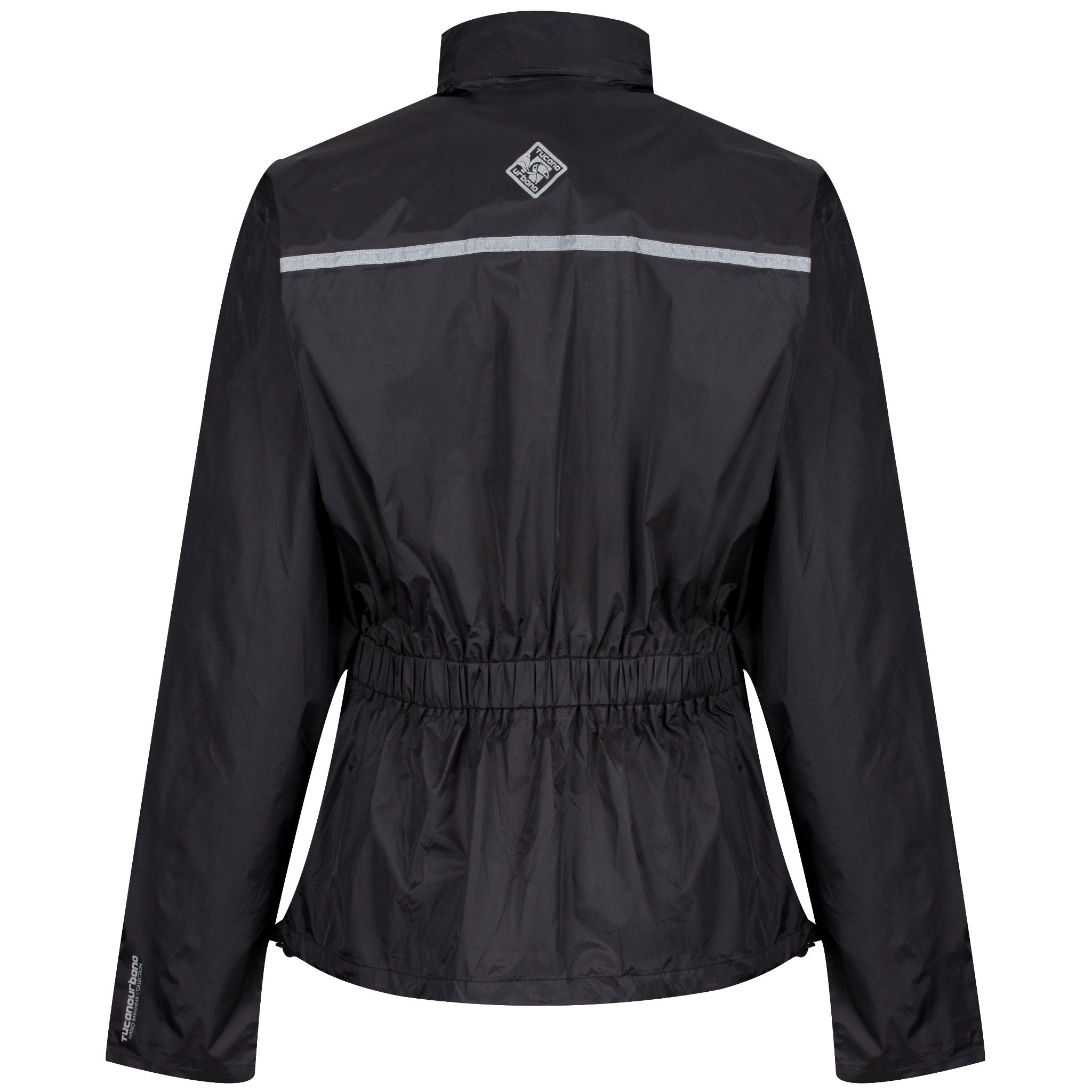 Waterproof motorcycle black jacket from the back with reflections