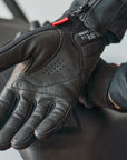 A palm of the Black leather and textile women motorcycle glove from shima