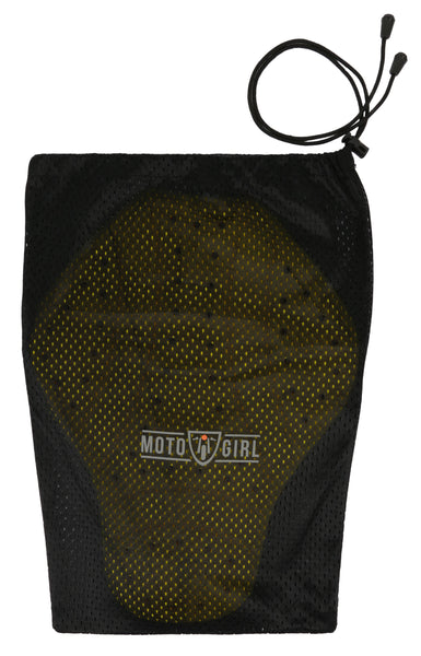 Yellow back protector for motorcycle jackets in a Moto Girl black bag