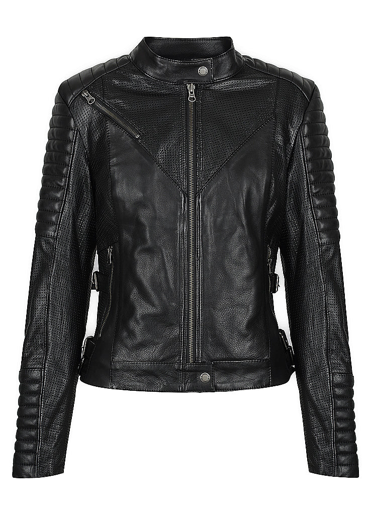 Women&#39;s black leather motorcycle jacket modern classic style from Black arrow label