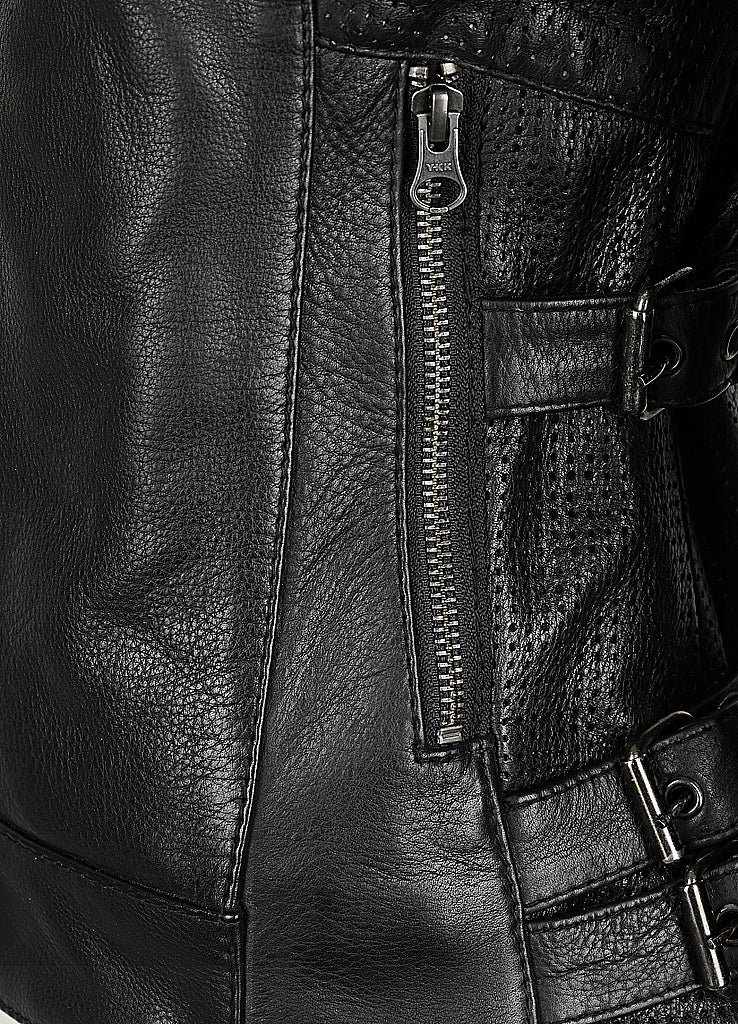 The pocket close up of the women&#39;s black leather motorcycle jacket modern classic style from Black arrow label