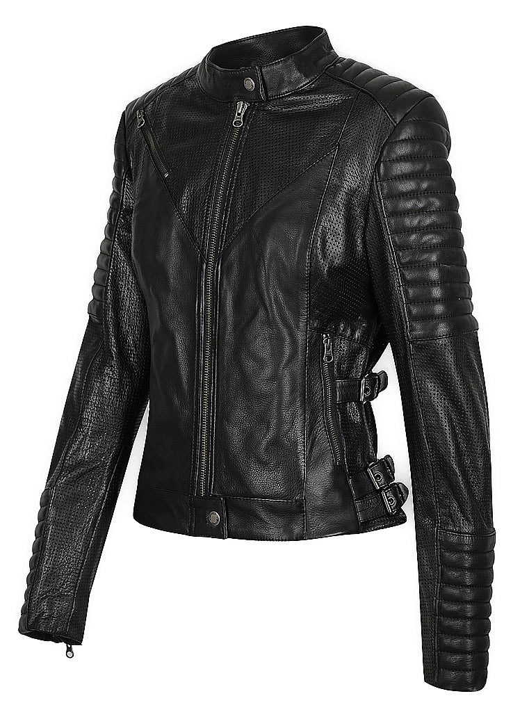 Women&#39;s black leather motorcycle jacket modern classic style from Black arrow label