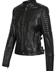 Women's black leather motorcycle jacket modern classic style from Black arrow label