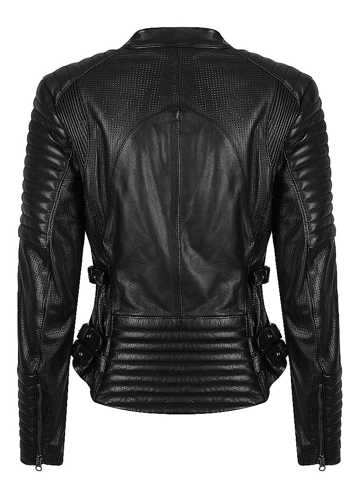 The back of Women&#39;s black leather motorcycle jacket modern classic style from Black arrow label