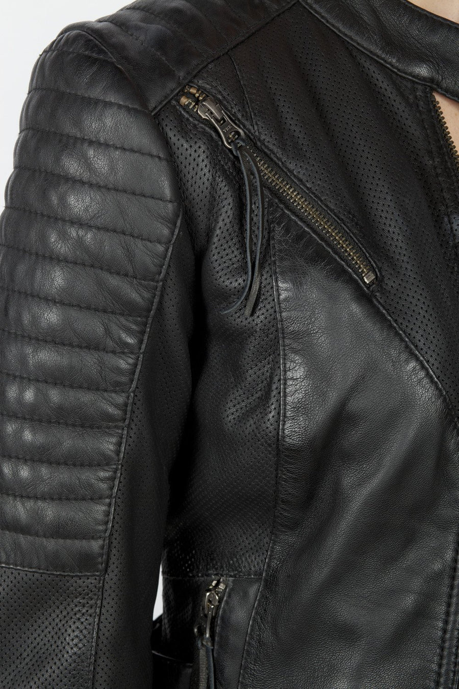 A shoulder close up of the Women&#39;s black leather motorcycle jacket modern classic style from Black arrow label