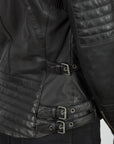 Waist adjustment stripes of the Women's black leather motorcycle jacket modern classic style from Black arrow label