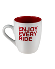 Red and white mug with enjoy every ride logo