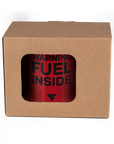 Red mug with "warning fuel inside"logo in a box