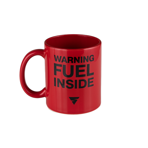 Red mug with "warning - fuel inside"text