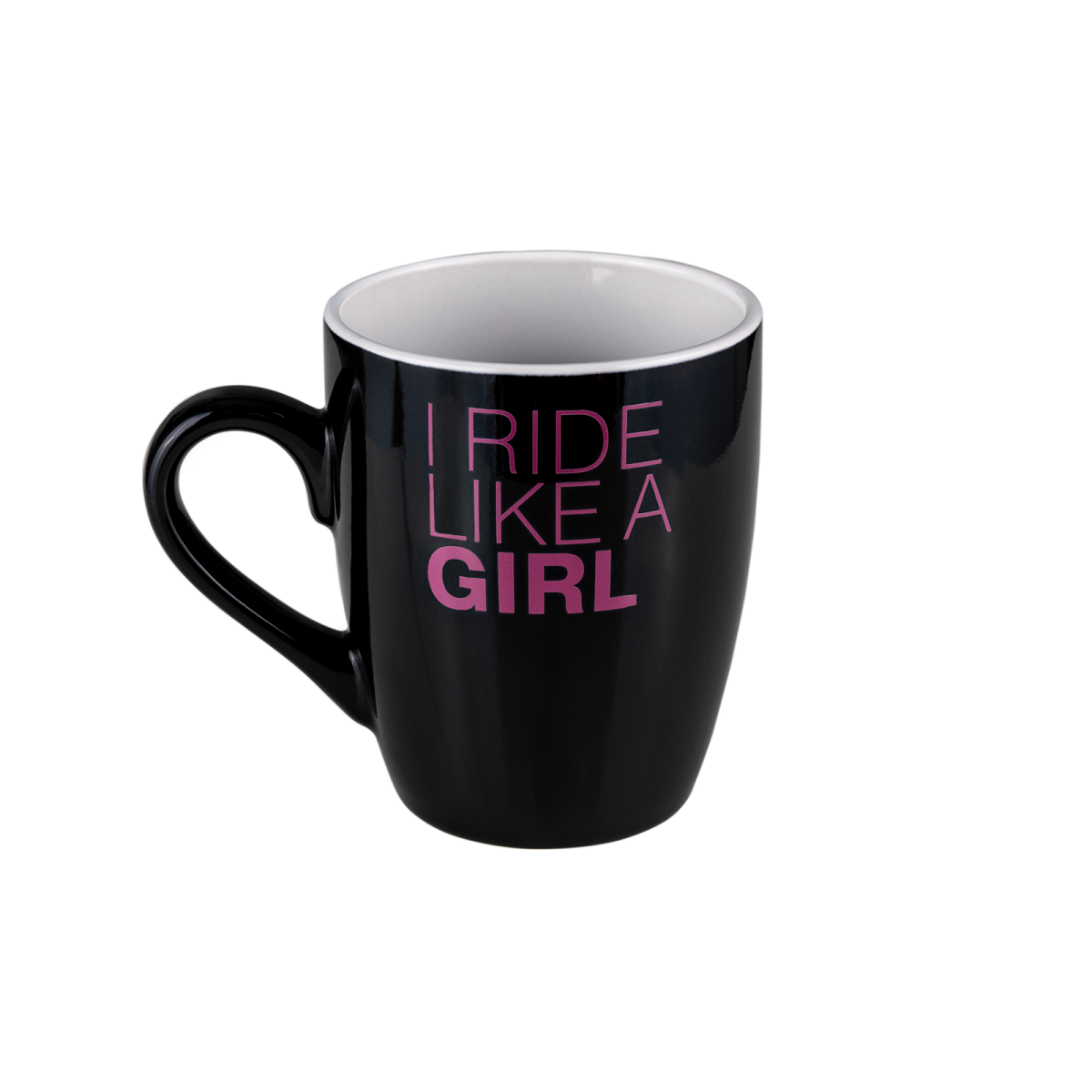 A black mug with pink logo &quot;ride like a girl&quot;