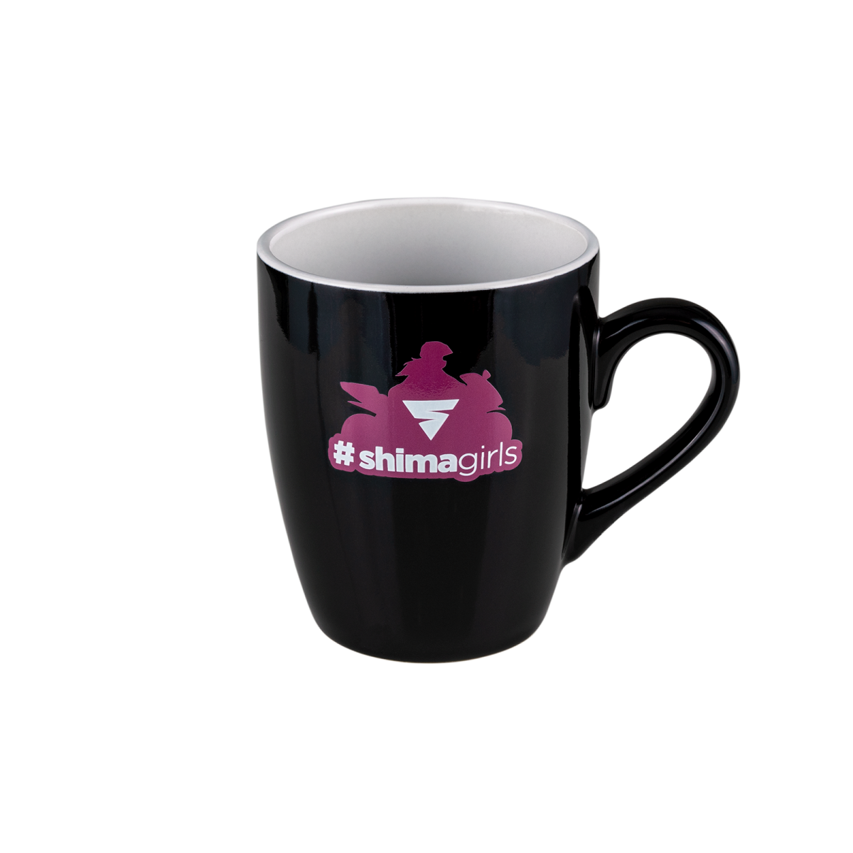 A black mug with #shimagirls logo