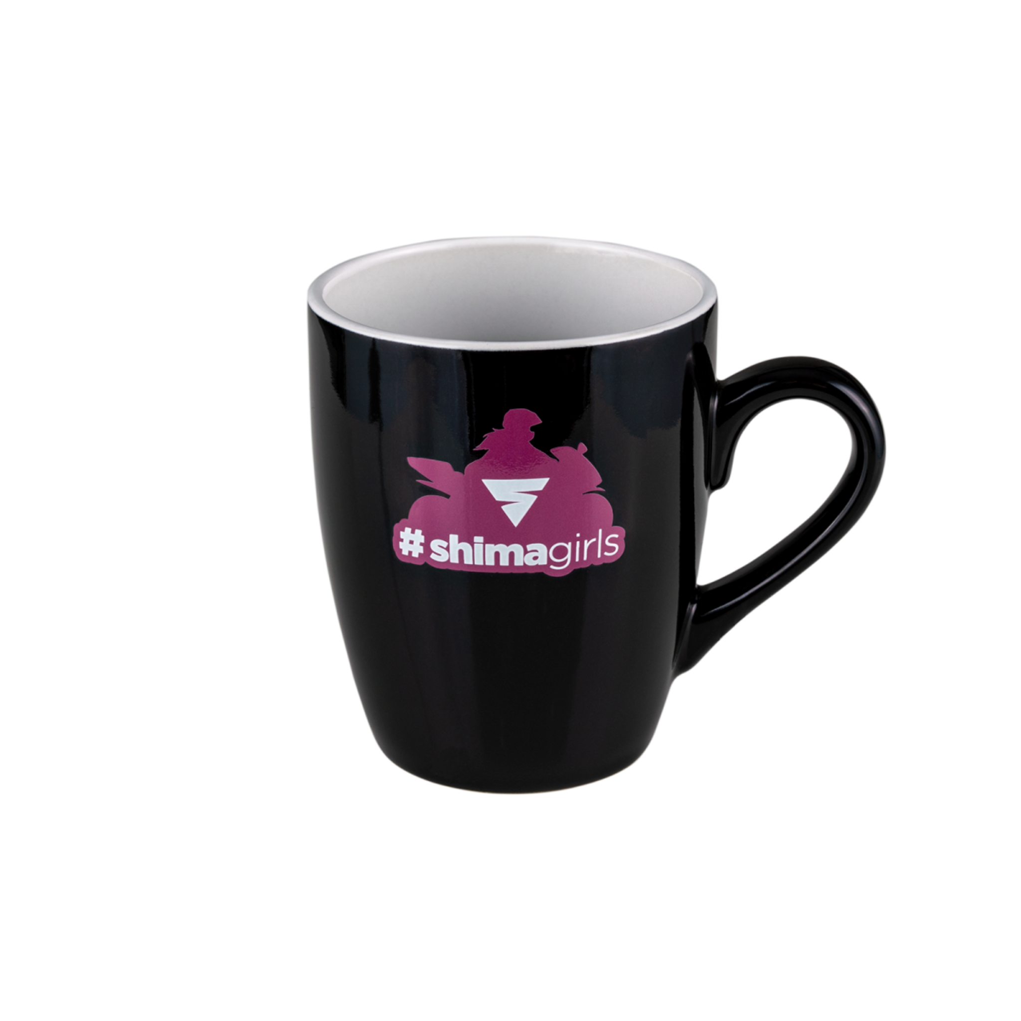 A black mug with #shimagirls logo