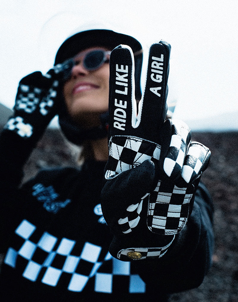 Ride like a girl text on the Black and white chessboard motives women&#39;s leather motorcycle gloves from Eudoxie