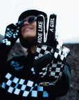 Ride like a girl text on the Black and white chessboard motives women's leather motorcycle gloves from Eudoxie