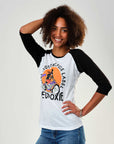 A young woman wearing black & white baseball motorcycle t-shirt from Eudoxie 