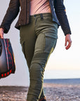 woman's legs wearing Khaki green women's motorcycle cargo pants GIRO from shima