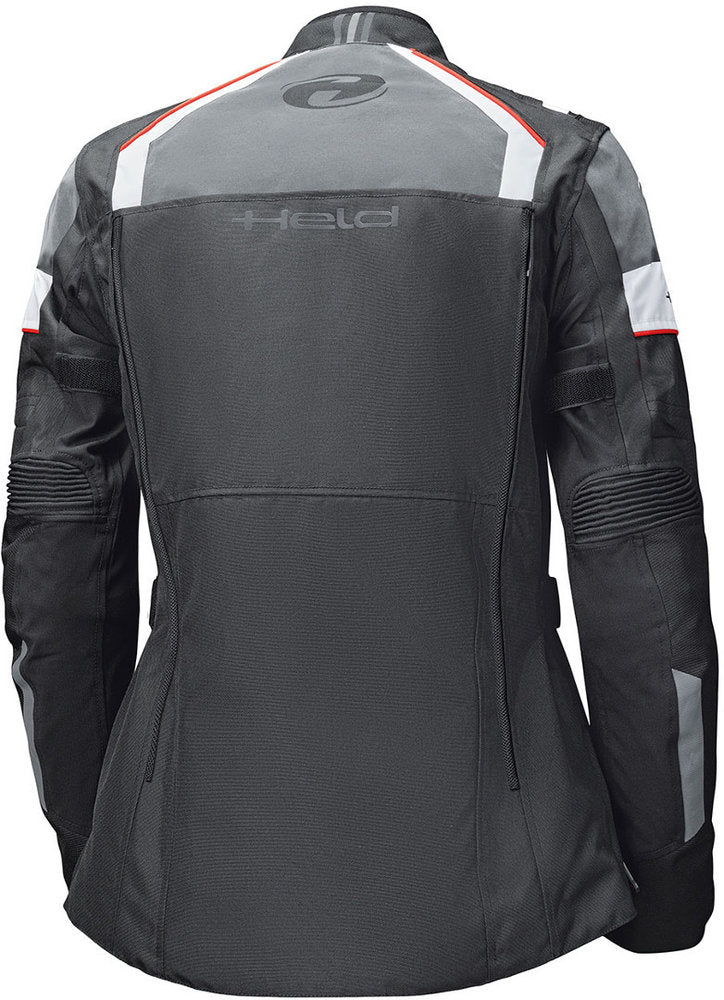 the back of Women&#39;s motorcycle touring jacket in black, white and red from Held 