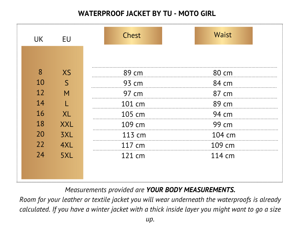 size chart for motorcycle waterproofs from MotoGirl