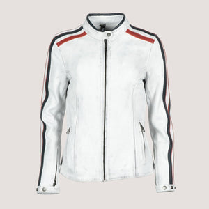 white lady leather motorcycle jacket with stripes
