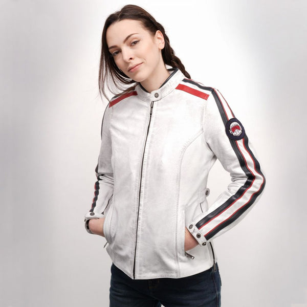 a young woman wearing white leather motorcycle jacket with stripes