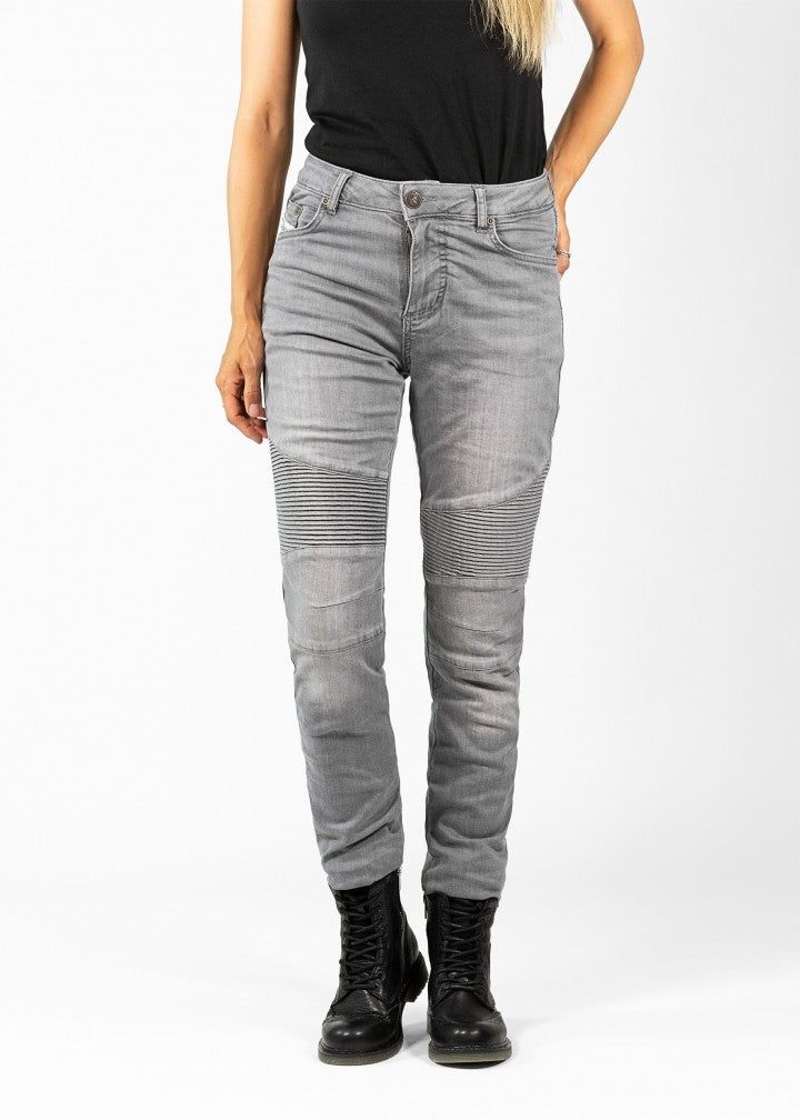 Woman&#39;s legs wearing light grey women&#39;s motorcycle jeans from JohnDoe