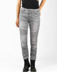 Woman's legs wearing light grey women's motorcycle jeans from JohnDoe