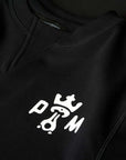 A close up of the Pando Moto logo on the black motorcycle sweatshirt