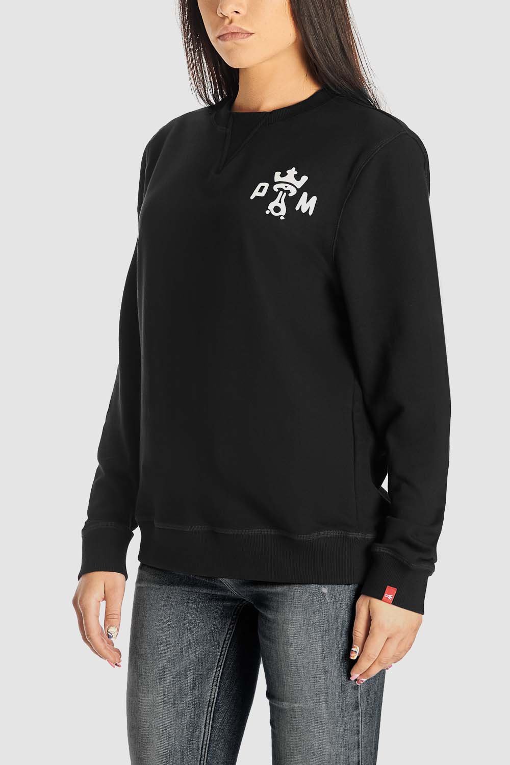 A women wearing black motorcycle sweatshirt with white Pando Moto logo on the chest