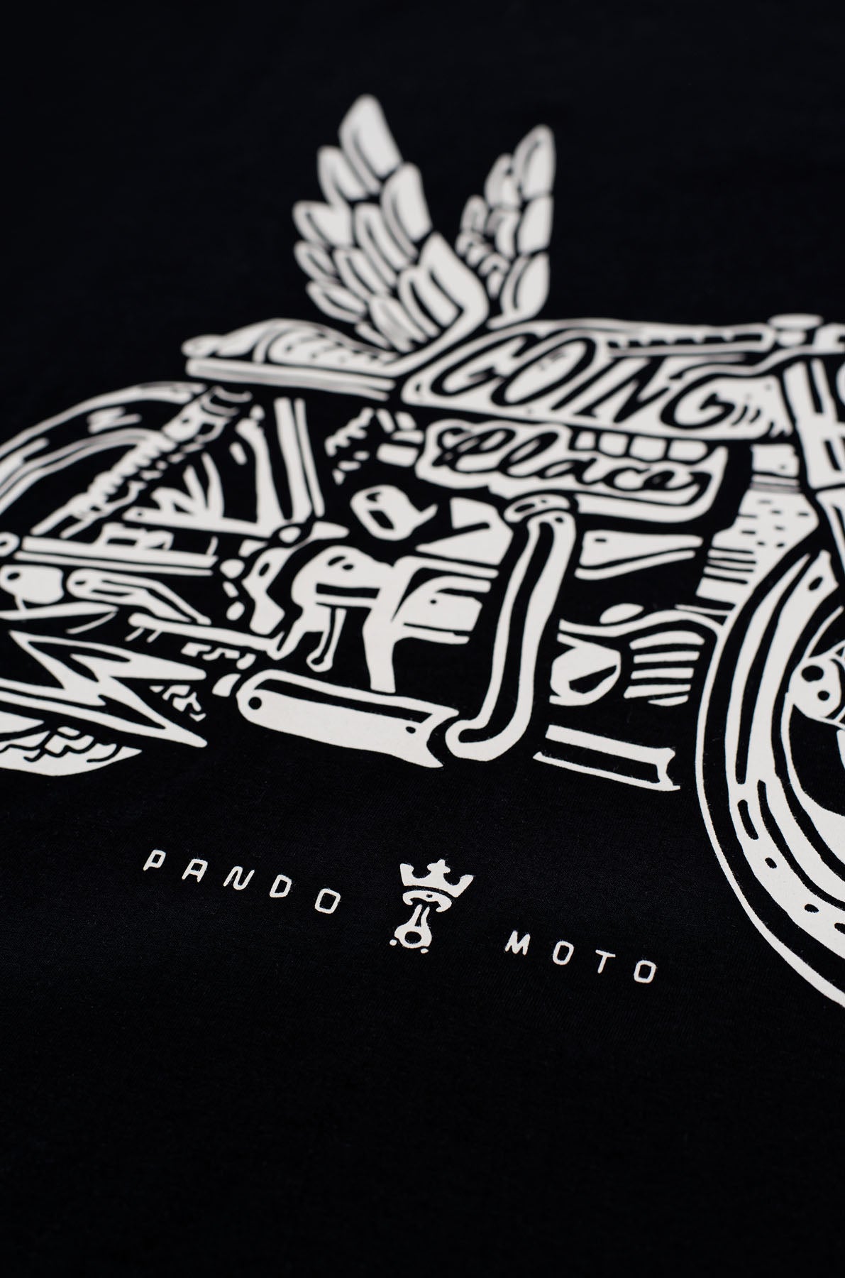 Pando Moto motorcycle t-shirt Going Places close up