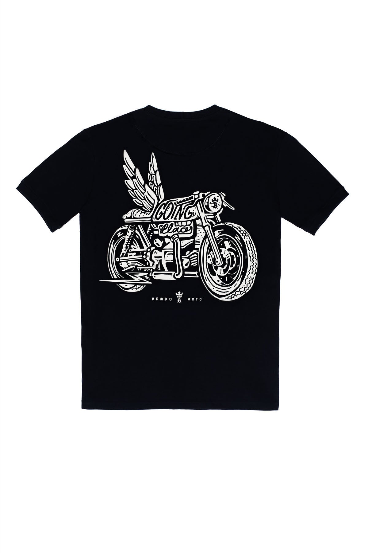Pando Moto motorcycle t-shirt with the picture of a motorcycle with wings and title that says &quot;going places&quot;