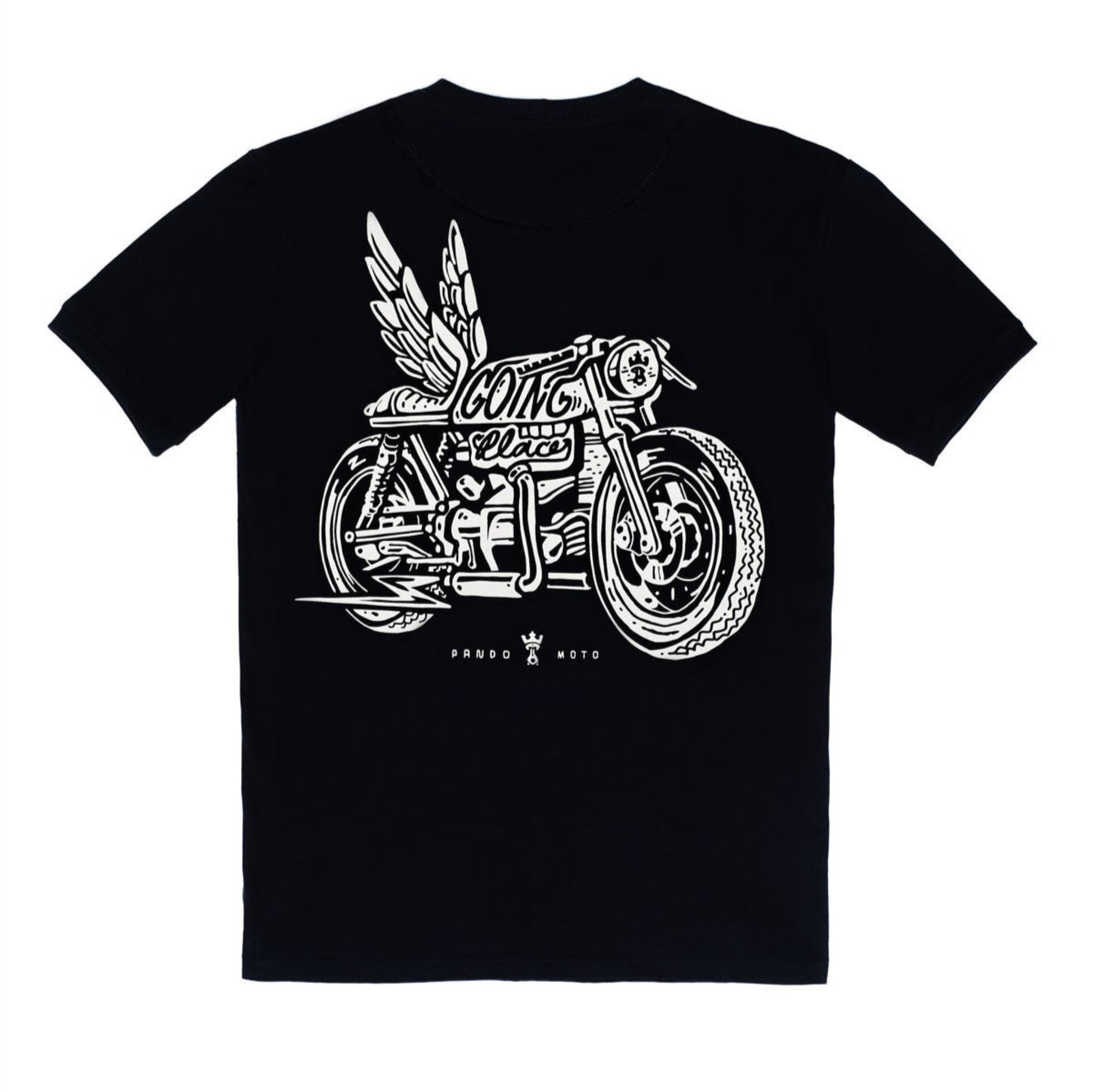 Pando Moto motorcycle t-shirt with the picture of a motorcycle with wings and title that says &quot;going places&quot;