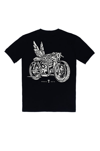 Pando Moto motorcycle t-shirt with the picture of a motorcycle with wings and title that says "going places"