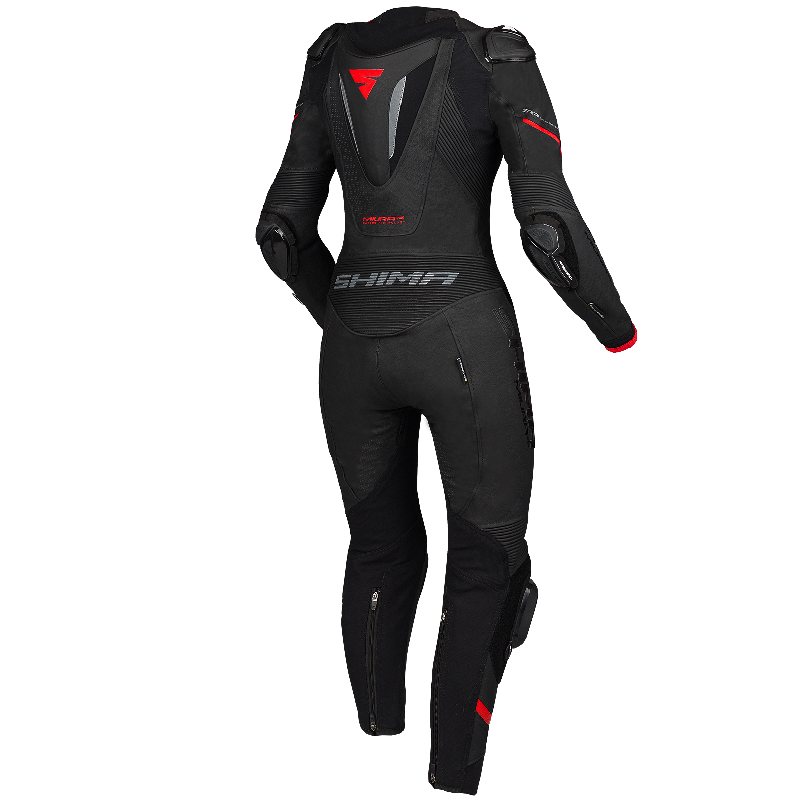 Black and red women&#39;s motorcycle racing suit from Shima from the back