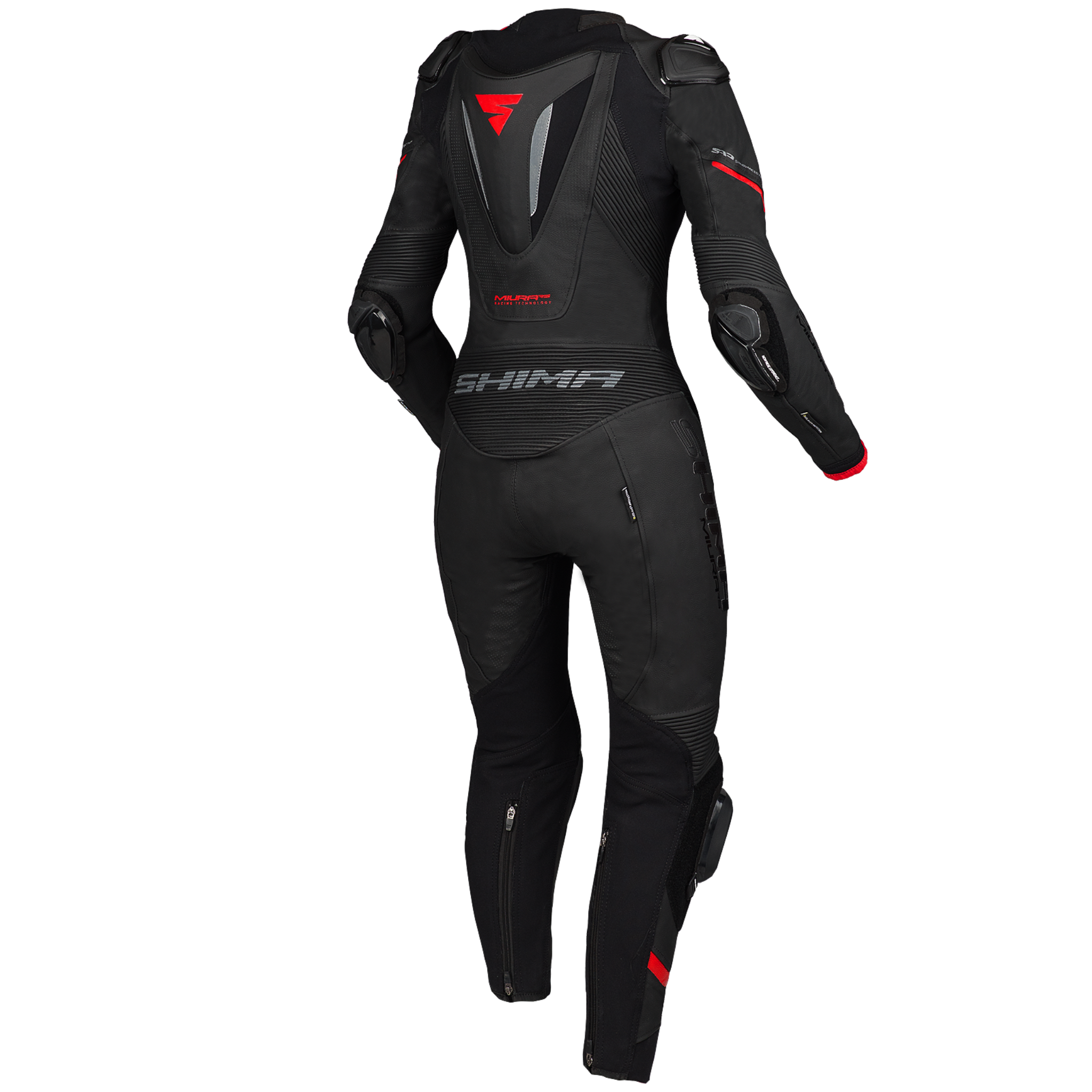 Black and red women's motorcycle racing suit from Shima from the back