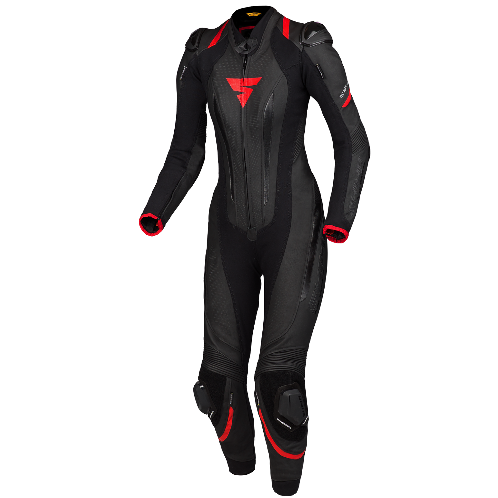 Black and red women's motorcycle racing suit from Shima from the front