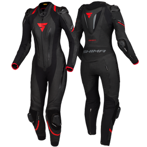 Black and red women's motorcycle racing suit from Shima