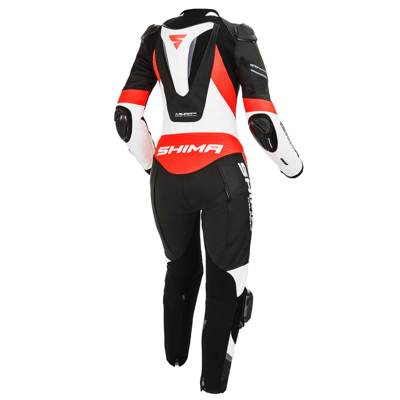 The back of Women&#39;s racing suit MIURA RS in black, white and fluo from Shima 