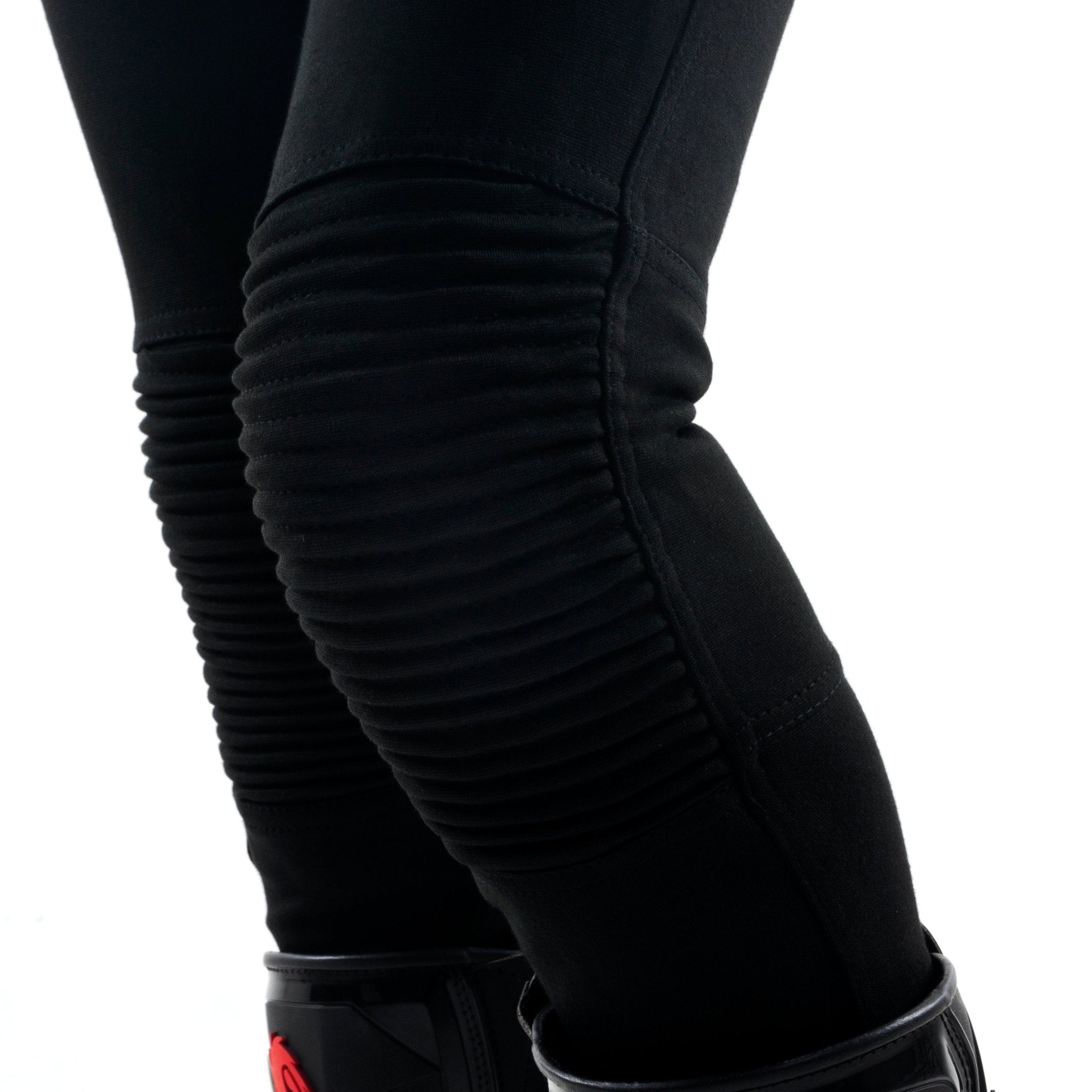 Black women's motorcycle ribbed knee design leggings  from MotoGirl close up photo of a knee