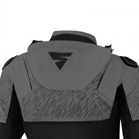 Hood on a grey motorcycle jacket
