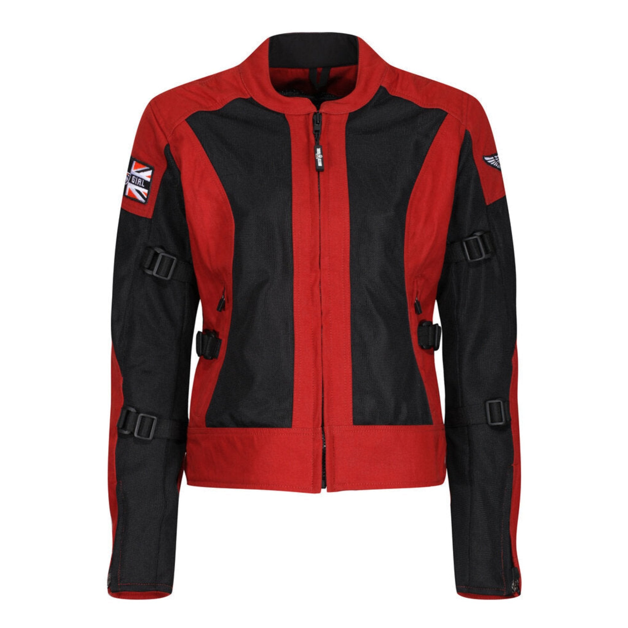 Women&#39;s motorcycle summer mesh Jodie jacket from Motogirl in red and black from the front