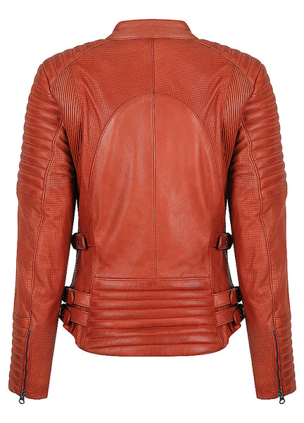 The back of women's red leather motorcycle jacket modern classic style from Black arrow label