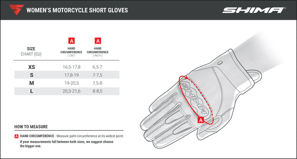 Size chart for short female motorcycle gloves from Shima