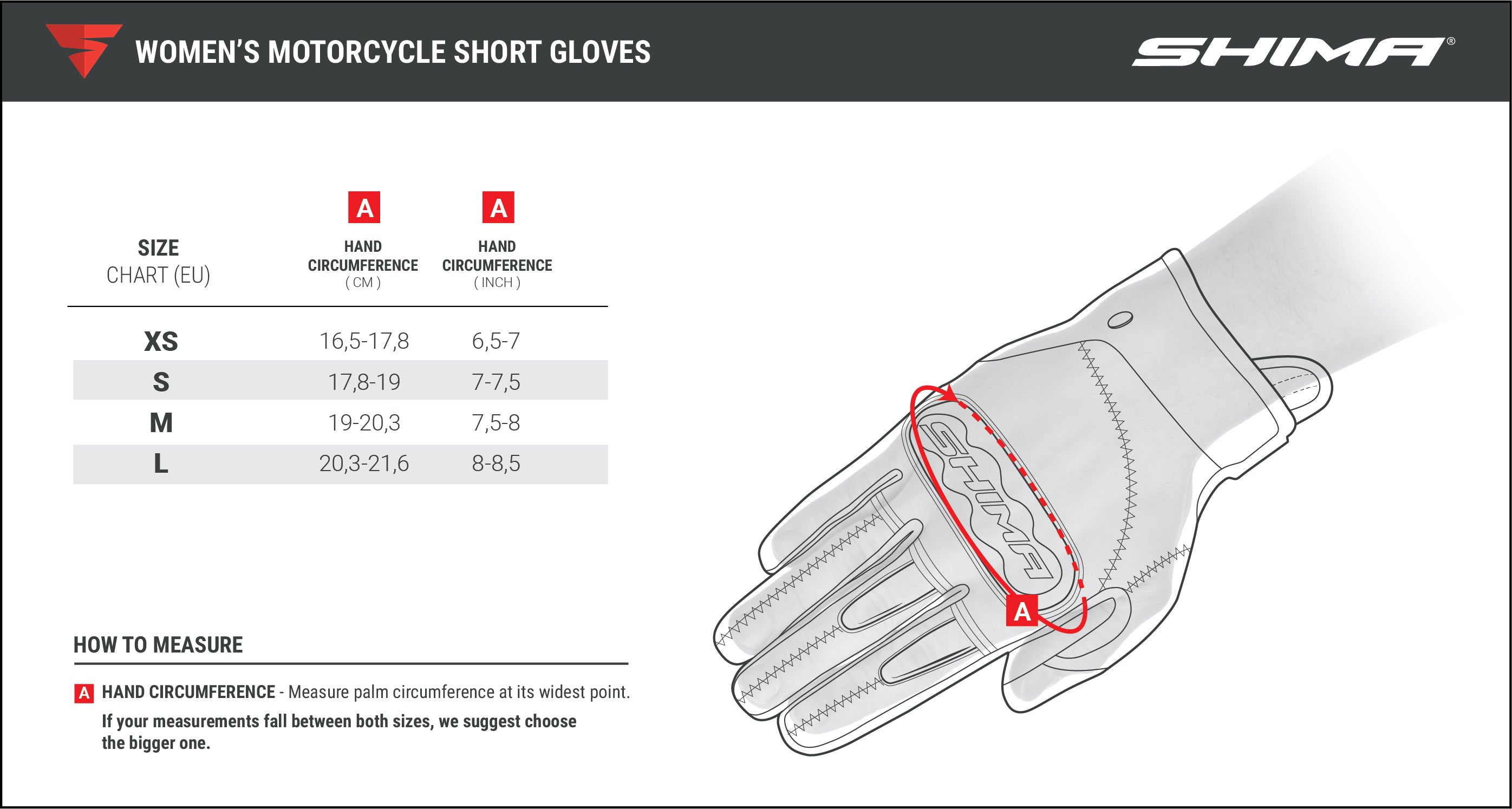 Size chart of the women&#39;s motorcycle short summer gloves from Shima