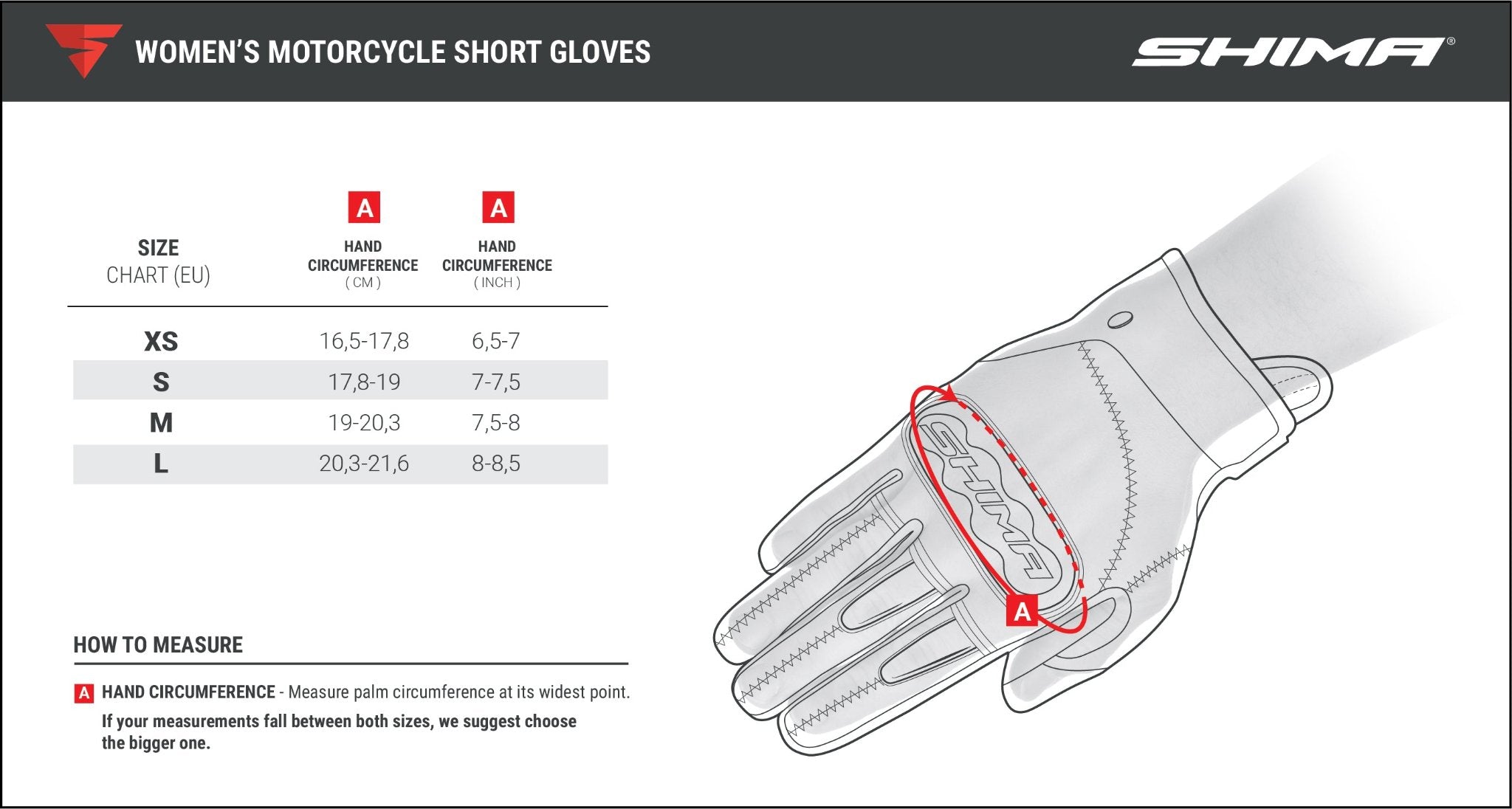 Sie chart of women&#39;s short motorcycle gloves from Shima